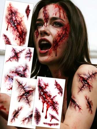 4 万圣节僵尸疤痕临时纹身，恐怖缝纫疤痕假血腥伤口缝纫疤痕身体脸部防水纹身贴纸化妆舞会恶作剧化妆道具
