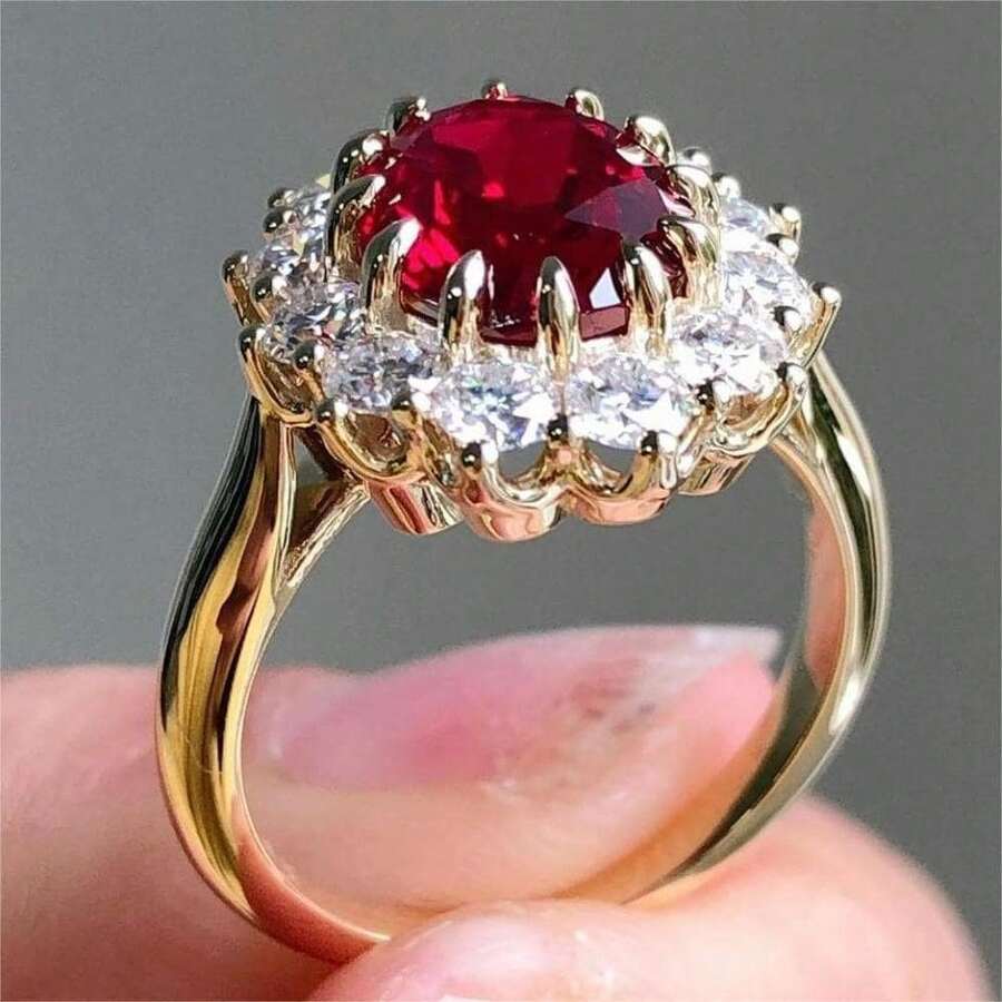 Anillo de Moda con Rhinestones Rojos - Dorado - Ver 1