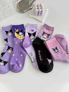 Sanrio 5 Pares de Meias Sanrio para Kuromi para Adolescentes, Macias e Confortáveis para Todas as Estações, Meias Quentes, Personagem Fofo Kuromi com Estrelas, Corações e Texto de Amor, Meias Anime Roxas e Rosas, Adequadas para Meias Longas de Meninas
