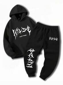 Youth Handsome Letter Print Long Sleeve Thickened Drawstring Hoodie And Sweatpants Casual 2-Piece Set, Fleece, Hooded Sweatshirt, Teen Boys Gifts