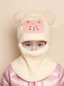 1 件儿童可爱卡通刺绣双绒球加厚防风保暖护耳护颈针织拉法帽，适合秋冬季男孩和女孩