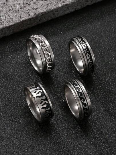 4 anéis giratórios masculinos de aço inoxidável estilo hip hop retrô, anel com padrão de chamas, anel com padrão de ondas, adequado para Halloween, presente para namorado/marido, casamento
