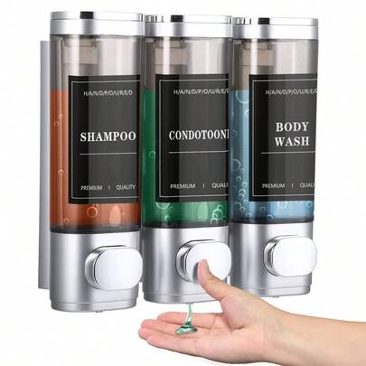 3-Chamber Shower Dispenser (Silver) – No-Drill Wall-Mounted Shampoo/Conditioner/Body Wash Dispenser | Large Capacity For Bathroom, Hotel, Kitchen
