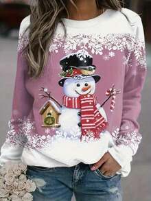 女式圣诞印花圆领长袖运动衫 - 藕粉色 - 查看 7