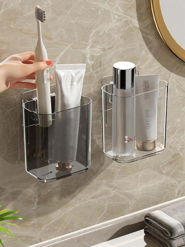 1pc Wall-Mounted Toothbrush Holder, No-Drill Adhesive Bathroom Storage Organizer, Simple Design, Electric Toothbrush Holder With Drainage, For Bathroom, Kitchen, Home Supplies