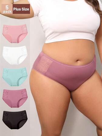 5 Pcs, Women's Solid Color Lace Lace Splicing Large Size Triangle Panties, Comfortable And Breathable Fat Package Hip Panties, Plus Fat Fashion Elegant Simple Multi-Color Mix And Match Set