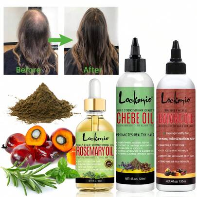 LOCKMIO Chebe Oil And Batana Oil For Strengthening Hair, 3pcs Hair Care Set Good For Repairing Damaged, Dry, Frizzy Hair, Rosemary Essential Oil Promote Healthy Hair & Scalp Treatment Oil, Moisturizing Nourishing Deep Conditioning, Shiny And Fuller Hair Serum For Repairing Split Ends And Smoothing Hair, Suitable For All Hair Types (4fl.Oz/120ml Chebe Oil & 4fl.Oz/120ml Batana Oil & 1fl.Oz/30ml Rosemary Essential Oil)