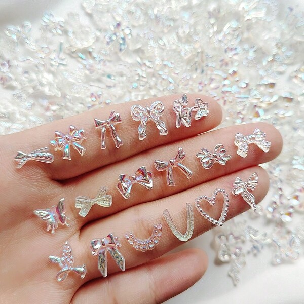 92/182 piezas Decoración de lazos holográficos de resina, aproximadamente 30 tipos de accesorios de lazos 3D transparentes de color AB, adecuados para manualidades DIY y decoración del hogar - Artesanía compleja