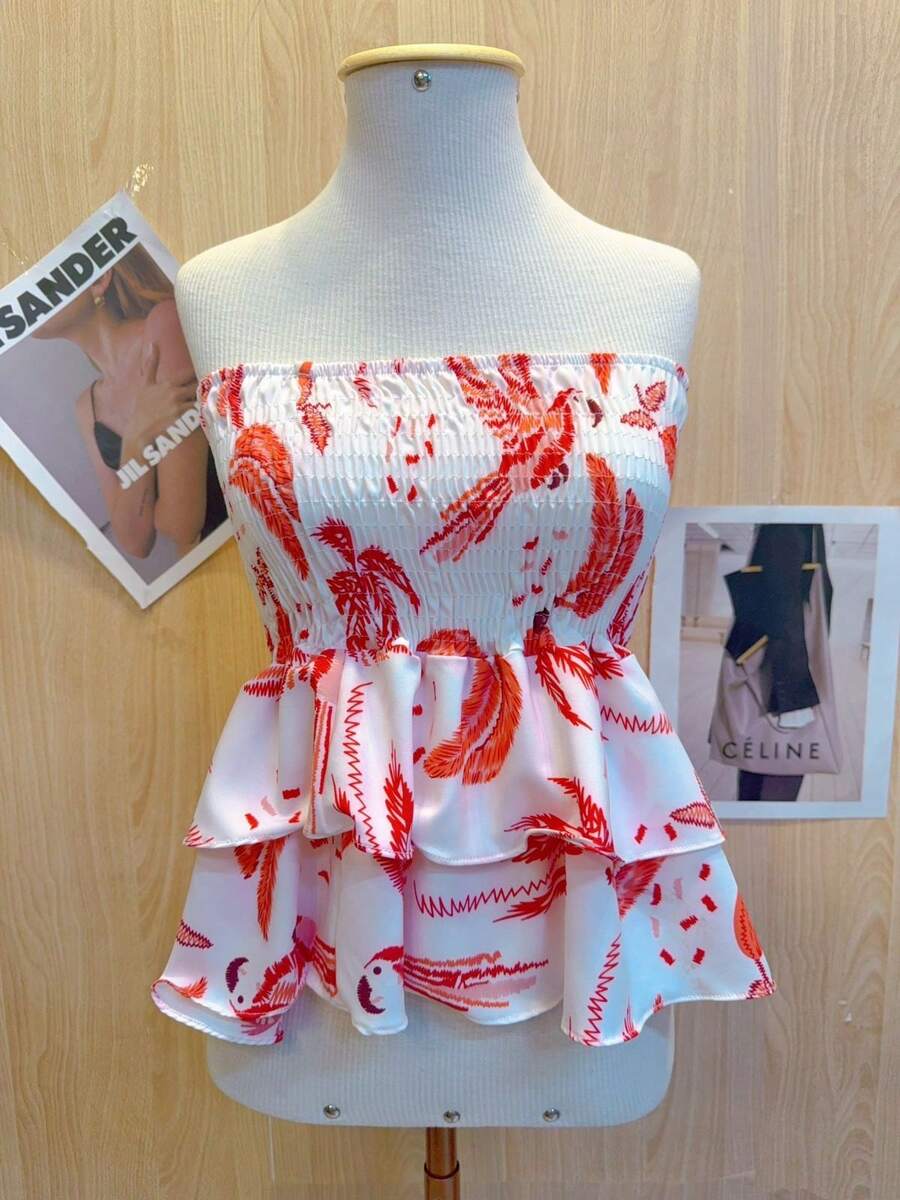 Printed Cropped Blouse With Elastic Ruffle - Red - View 1