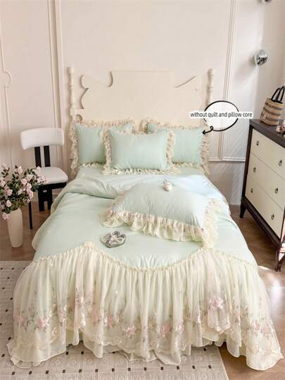 3 st prinsessliknande blombroderad spets påslakanset, påslakan och örngott (utan täcke och örngott)