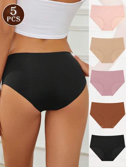 Calcinha triangular feminina sem costura de seda gelada, 5 peças, biquíni de cor sólida, macio e agradável à pele, calcinhas elásticas confortáveis, roupa íntima e lingerie para uso diário