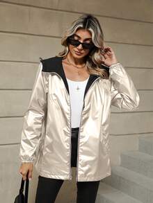 Giolshon 女士秋冬街头风深色双面夹克 - 人造毛皮内衬连帽，双拉链设计，适合寒冷天气下的都市探索 - 金色 - 查看 6