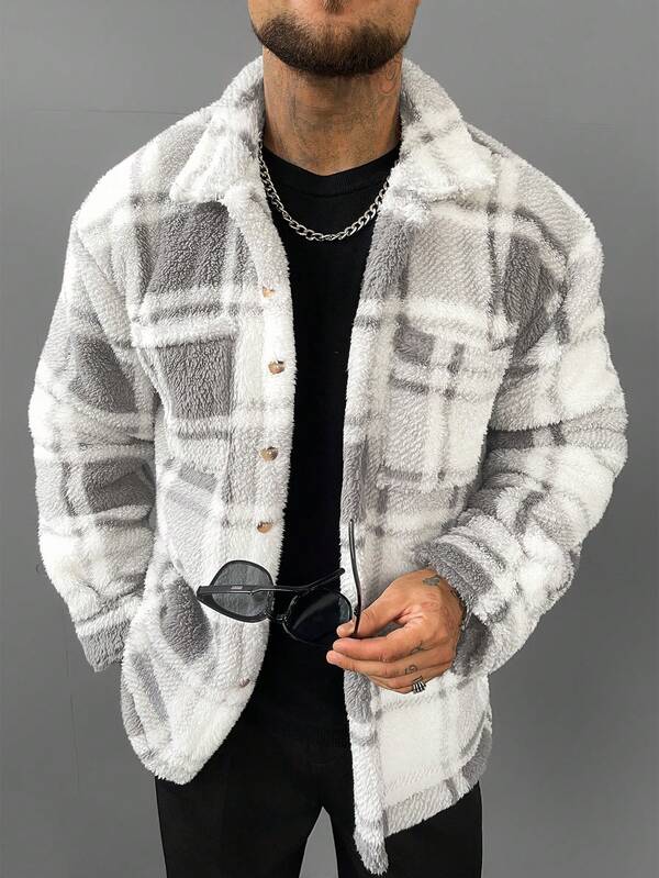 Polartuch-Hemd-Jacke für Herren, Karomuster Kragen Langarm Knopfleiste Fronttasche, Relaxed Fit Lässig Grau Weiß Shacket, Oversized Oberbekleidung für Herbst Winter Wärme, Date Night, Alltag, Einkaufen Urlaub - Weihnachtsgeschenk für Ehemann Freund Neujahr