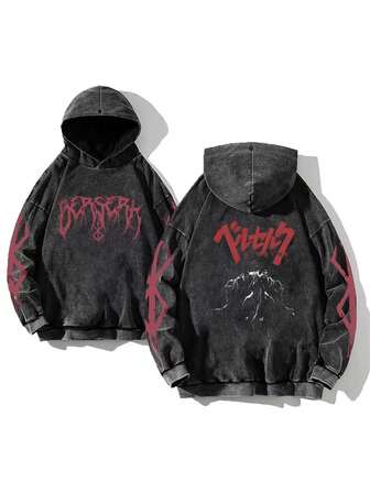 קפוצ'ון גרפי בסגנון רחוב לגברים, גמיש מעט, גזרה צמודה, שטיפה בגימור מנוקד, בשילוב עם סוודר כותנה שחור עם שרוולים ארוכים, קפוצ'ון קז'ואל חיוני ללבוש יומיומי ולחזרה לבית הספר