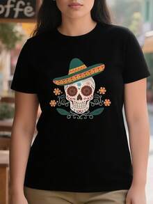 Camiseta casual para mujer de algodón puro 220g gruesa y cómoda con diseño de calavera de azúcar sombrero mexicano y pequeñas flores - Negro - Ver 1