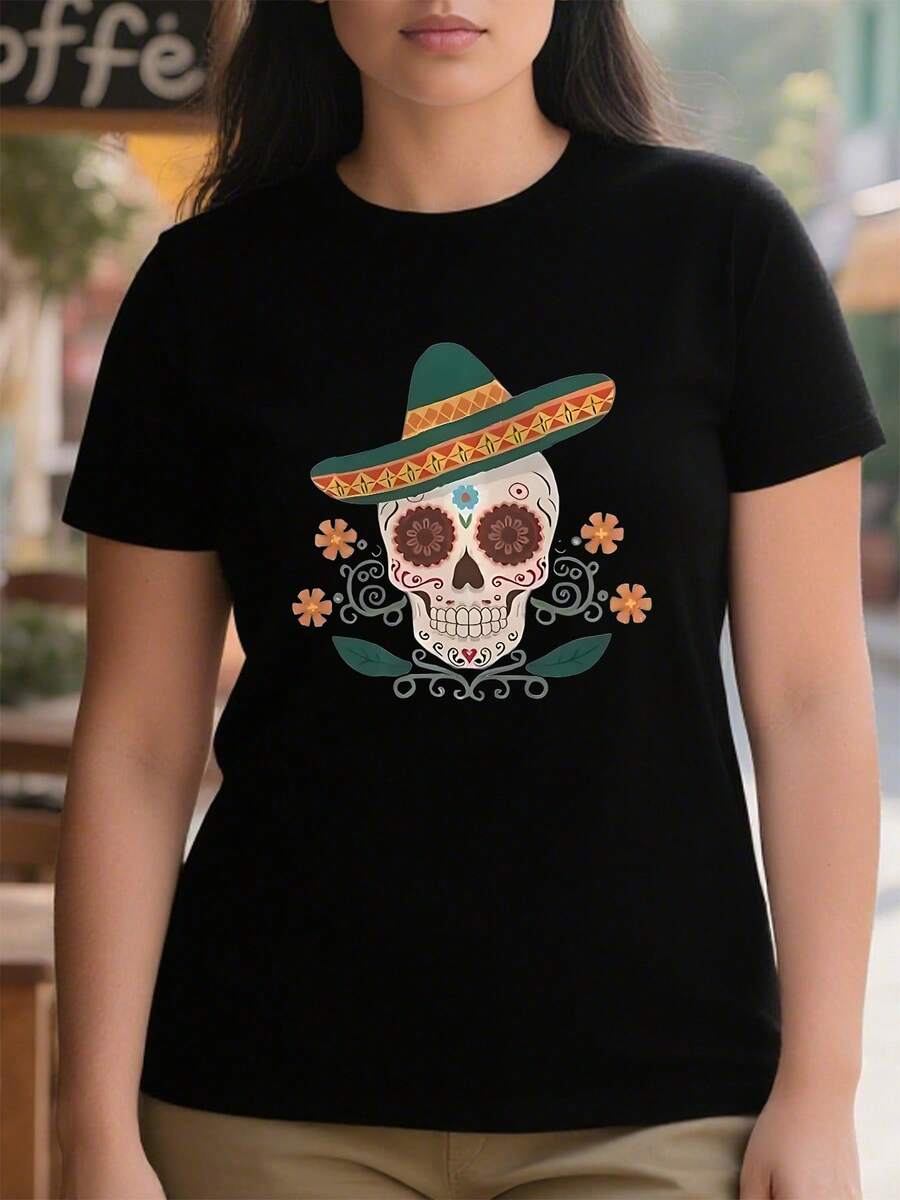 Camiseta casual para mujer de algodón puro 220g gruesa y cómoda con diseño de calavera de azúcar sombrero mexicano y pequeñas flores - Negro - Ver 1