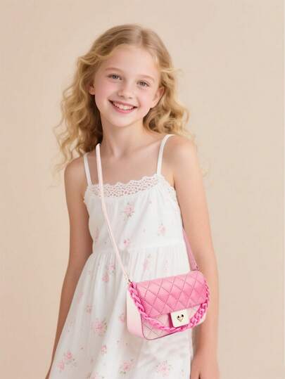 1pc Fashion Versatile Shoulder Diagonal Crossbody Bag, Stylish Pink Square Bag, Dopamine Chic High-End Rhombus Chain Handbag (Gradient Color Random)