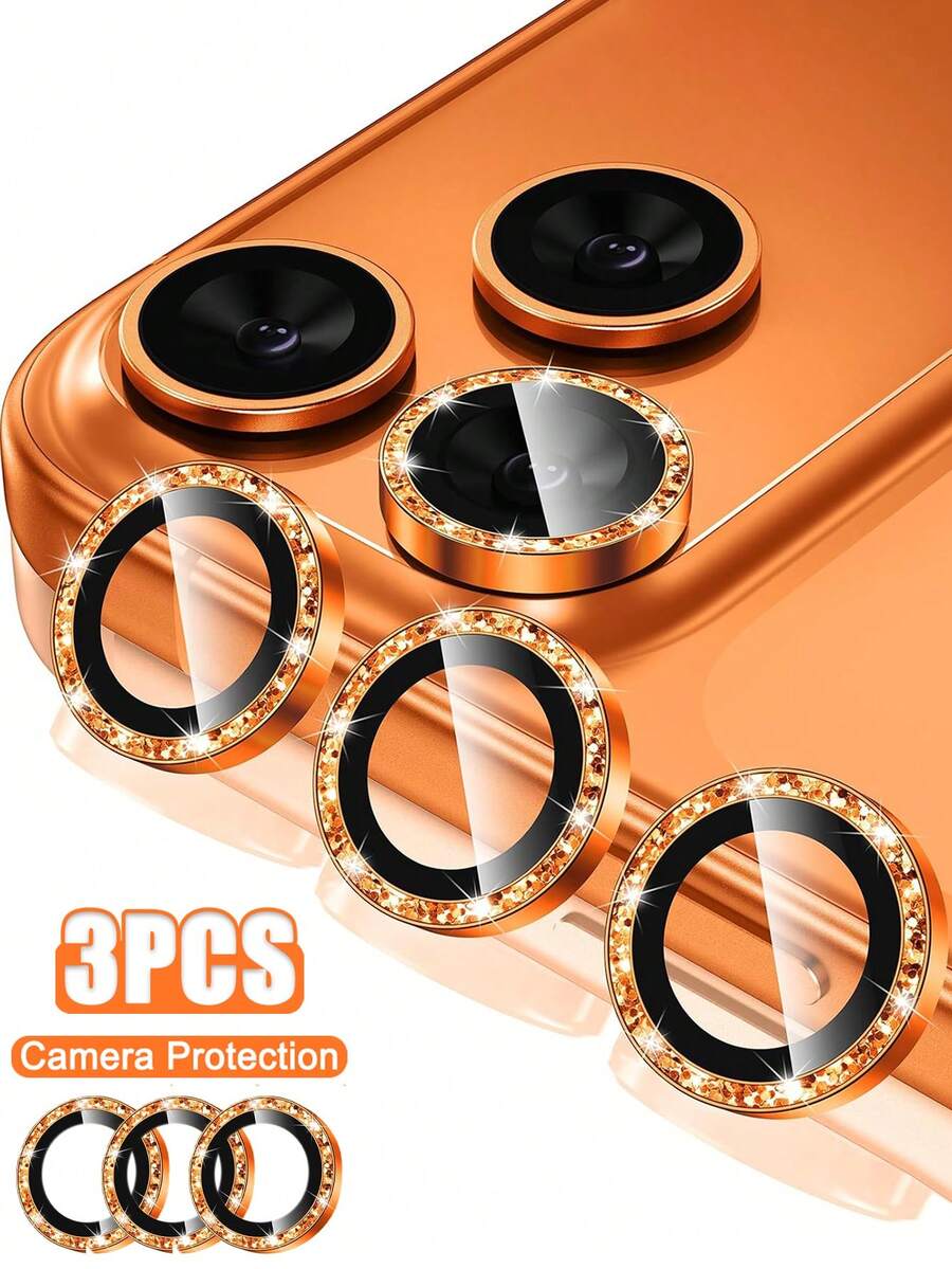 Bộ 3 miếng dán bảo vệ ống kính camera, tương thích với iPhone 17 Pro Max, 16, 15 Pro Max, 15 Pro, 14 Pro Max, 14 Pro, được làm từ hợp kim nhôm kim loại và kính cường lực, phụ kiện bảo vệ màn hình camera, phù hợp với ốp lưng bảo vệ. - trái cam - Xem 1