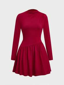 Essentials 休闲优雅荷叶边斜肩长袖短裙，适合通勤、休闲、正式场合、约会、派对和办公室穿着