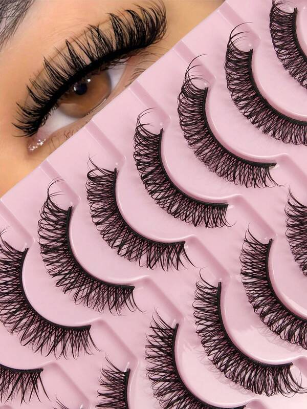 10 par rosyjskich rzęs na pasku, D Curl, puszyste sztuczne rzęsy z norek, makijaż, dłuższe rzęsy w stylu kota, delikatne, długie, lisie, podnoszące spojrzenie, zestaw do przedłużania rzęs, pełny pasek rzęs, wydłużający i nadający objętości zewnętrznemu kącikowi oka, makijaż kosmetyczny