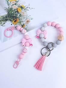 1pc Bowknot Silicone Beaded Colorful Keychain, Tassel Charm Wristlet Keyring, Bag Pendant Accessory, Key Chain, Car Key Anti-Lost Chain, Gift For Friends, Family, Teachers, Back To School Christmas