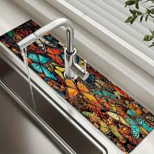 1 pièce Tapis de drain d'évier avec motif thème Hua Hudie, en terre de diatomées à séchage rapide et en caoutchouc antidérapant avec absorption de l'humidité, pour cuisine/salle de bain. Tapis de protection antidérapant en silicone en boue de diatomées pour robinet, tapis de drain de cuisine, protecteur de lavabo, convient à tous les types de robinets de salle de bain et de cuisine.