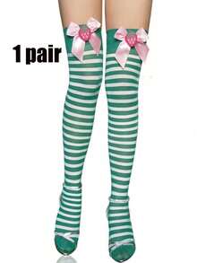 A Pair Of Green And White Striped Bow Strawberry-Themed Over-The-Knee Socks For Women