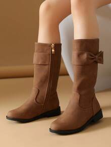 女童棕色平底靴，儿童冬鞋 - 棕色 - 查看 2