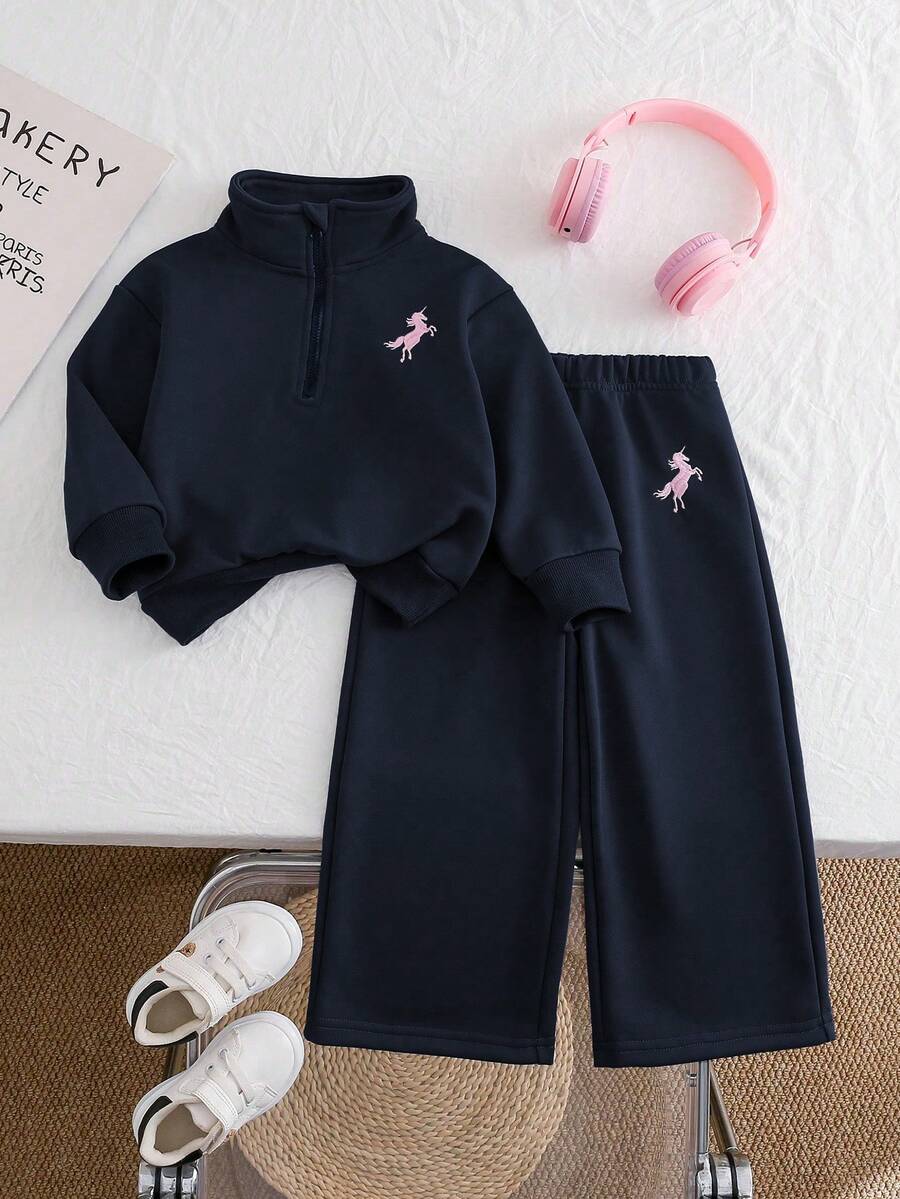 Chatreadl 2 件女童独角兽刺绣纯色卫衣和裤子套装，简约设计，舒适适合春秋冬 - 藏蓝色 - 查看 1