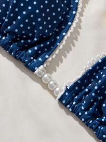 Ladies' Swimsuit Sexy Fashion Blue Two Pieces Swimsuit Lace White Bead Accessories Summer Beach Bikini Set Random Print