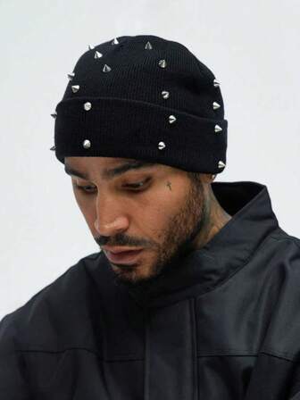 1Pc Men Punk Rivet Beanie Knit Hat,Goth Gothic Skull Caps Winter Warm Beanies Cap For Men,Suitable For Street Wear. Fall