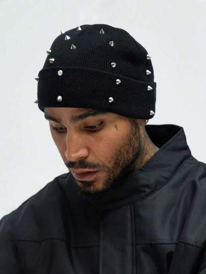 1Pc Men Punk Rivet Beanie Knit Hat,Goth Gothic Skull Caps Winter Warm Beanies Cap For Men,Suitable For Street Wear. Fall