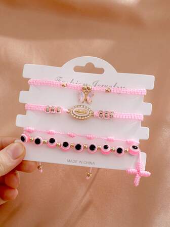 4Pcs /Set Evil Eye Bead Bracelet,Fashion/Retro Style Virgin Mary Cross Hand Woven Bracelet,Religious Party Gifts Handrope Jewelry(Pink)