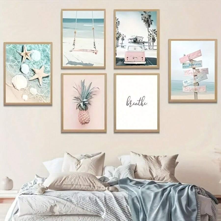 6 piezas de póster de lienzo creativo sin marco, pintura de paisaje de playa con coche rosa, impresiones de arte de pared de lienzo, obra de arte de pintura de pared como regalo, para dormitorio, oficina, sala de estar, dormitorio, decoración de pared, decoración del hogar