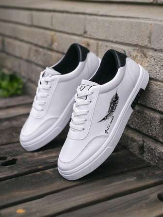 Men's Fashionable Pure White Shoes, Feather Pattern Design Skate Shoes, Non-Slip Lace-Up Low-Top Sneakers, Suitable For Outdoor Leisure Activities, Walking, Jogging, Travel