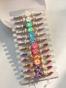 12 piezas Pulseras tejidas con elementos de playa oceánica, estrellas de mar, cuentas de turquesa y conchas (color y estilo aleatorios), tarjeta aleatoria incluida - Multicolor - Ver 6