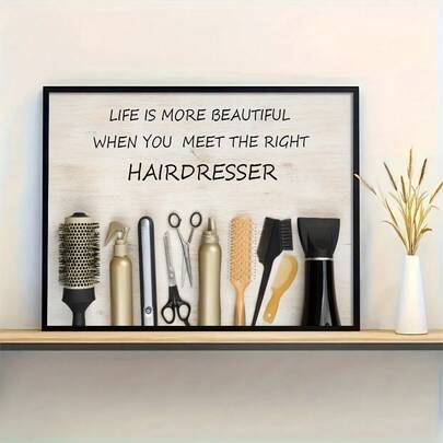 1 pieza Decoración de pared de lienzo con citas inspiradoras para salón de belleza, "La vida es talla grande bella cuando encuentras al peluquero adecuado", póster de herramientas de peluquería, pintura de lienzo, arte de pared, imagen, para sala de estar, sin marco