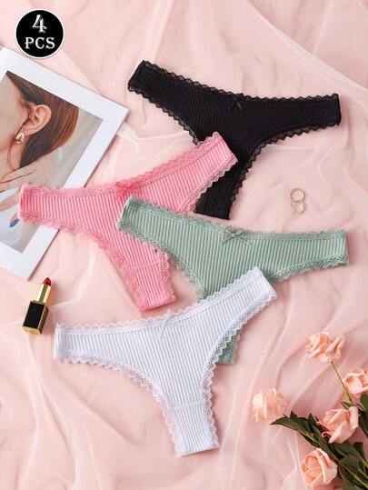 4条装低腰蕾丝拼接性感罗纹女士丁字裤，可爱蝴蝶结装饰，纯棉无缝弹力柔软舒适女士内衣