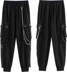 Black Cargo Pants Women Techwear Loose Street Rock Style Casual Pants With Chain Goth Style - 紅黑 - 查看 5