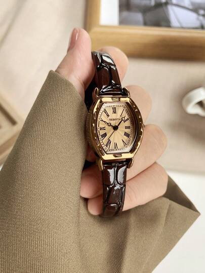 1pc Minimalist Vintage Roman Numeral Leather Belt Watch, ation