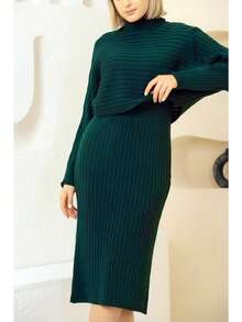 Women's Plain High Neck Rib Knit Co-Ord Set With Batwing Long Sleeves Sophisticated And Comfortable For Everyday Casual Style - Dark Green - View 4