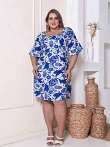 Women's Plus Size Printed Short Midi Dress - Azul EST - Ver 4