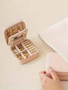1pc Travel Jewelry Box, Small PU Leather Jewelry Storage Box With Mirror, Jewelry Organizer For Women, Compact Jewelry Box For Earrings Necklaces Rings, Travel Essentials, Bridesmaid Gift, Mother's Day Gift, Easter Gift
