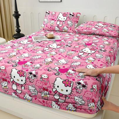 SANRIO 1pc Cute Cartoon Print Fitted Sheet, // Bedding, Mattress Protector, Bed Cover, Fitted Sheet, Comfortable Home Textile, Breathable Anti-Pilling Mattress Protector, Home Decor, Fits All Bed Sizes - Twin, Full, Queen, King, All Season, Dust-Proof Bed Cover, Machine Washable