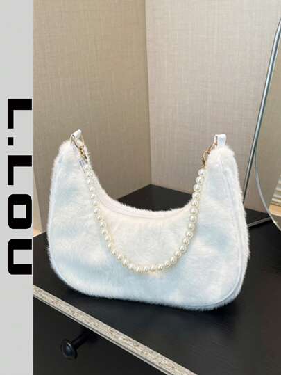 时尚毛绒新月包，时尚珍珠链新月肩背包（女士款），时尚法棍肩背包，毛绒手提小包，户外休闲包，多功能通勤包