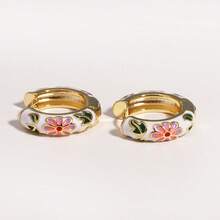 18K Gold Plated Enamel Flower Daisy Chunky Round Circle Hoop Earrings Female Gold Color Copper Ear Buckle Jewelry For Women