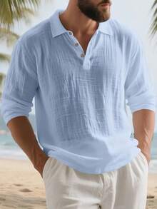 Men's Lightweight Linen Long Sleeve Polo Shirt, Half-Zip Button Design, Breathable And Comfortable, Suitable For Beach, Outdoor Activities, Family Gatherings (Note: White, Light Blue, Etc. Colors Are Slightly Sheer; European And American Sizes Run Large, Recommend Ordering One Size Down) - Baby Blue - View 3