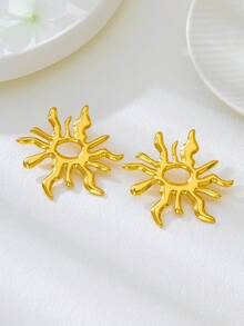 2pcs Fashionable, Elegant Asymmetrical Sun-Shaped Metal Gold Earrings, Versatile For Women - Gold - View 5