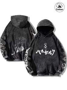 Hemo 男士街头风印花连帽卫衣，略带弹性，修身剪裁，做旧水洗效果，搭配黑色棉质长袖套头衫，休闲日常及返校必备连帽衫 - 黑色 - 查看 1