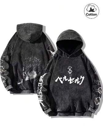 Höst- och vintertröja med luva för män, street estetiskt mönster, lätt stretchig och figurnära, tvättad med vatten för att göra den gammal och tillsatt med bomull, svart pullover med långärmad tröja, avslappnad vardaglig tillbaka till skolan-tröja med luva